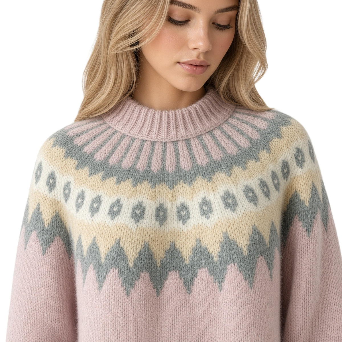 A woman wearing a pink Fair Isle knit sweater with gray and beige geometric patterns, shown from the chest up against a clean white background.