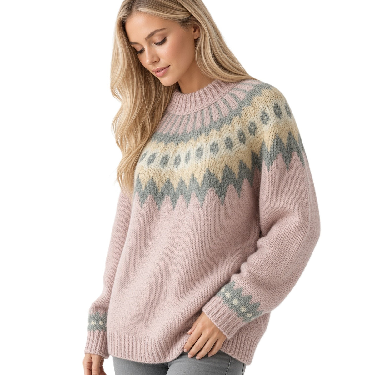 A woman wearing a dusty pink knit sweater with a cream and gray Fair Isle pattern across the chest and cuffs, photographed against a plain white background.