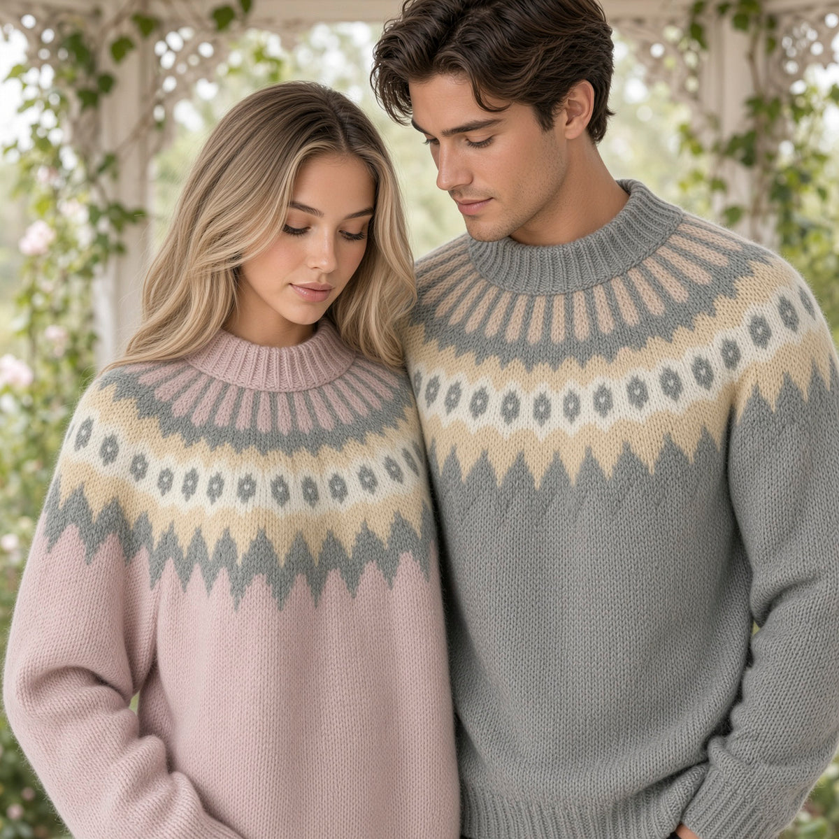A man and a woman wearing matching knit crewneck sweaters with a Fair Isle pattern. The woman's sweater is dusty pink, and the man's is a muted gray, both featuring cream and gray geometric patterns across the chest.