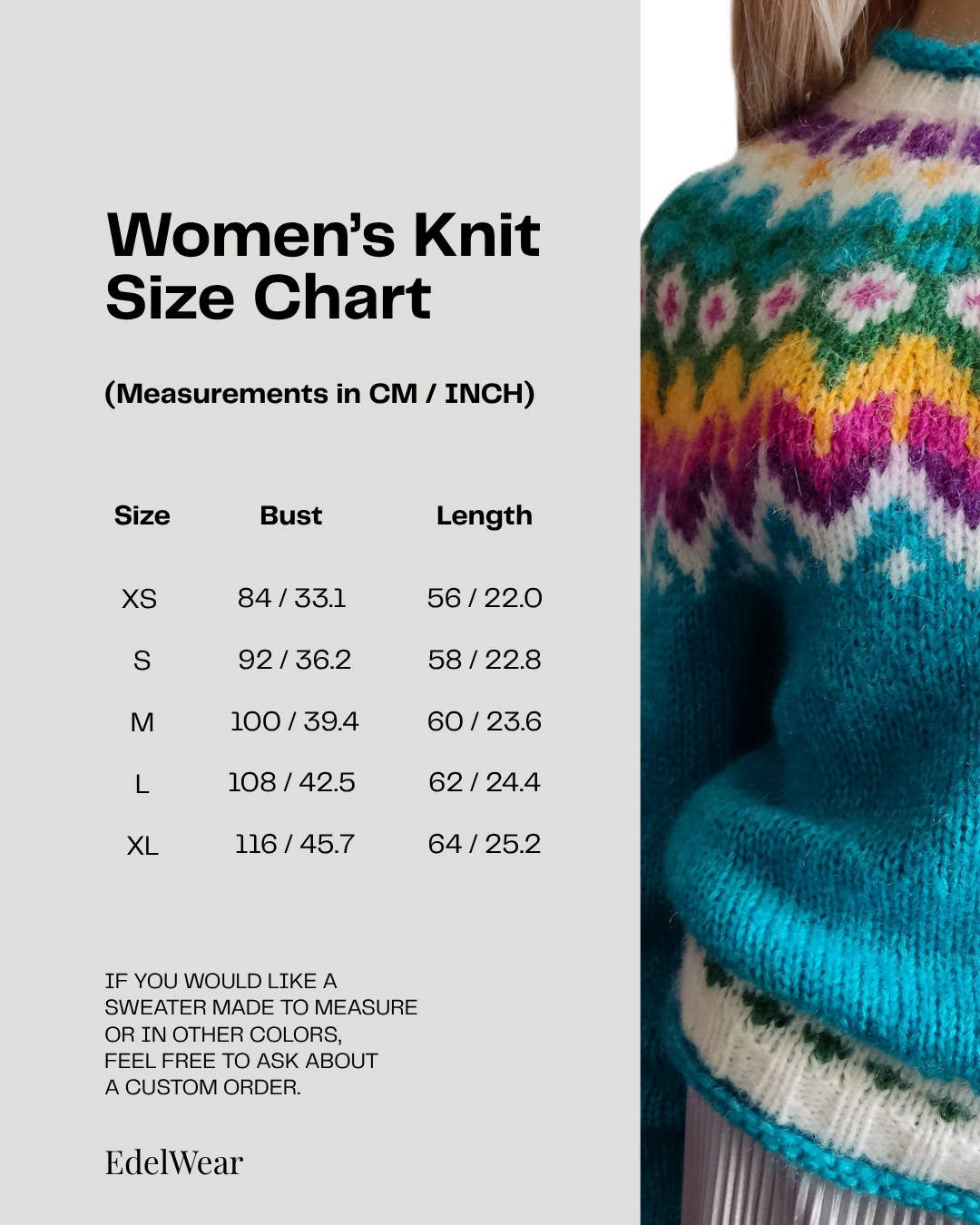 A women's knit size chart graphic for EdelWear, showing a measurement table with bust and length measurements in cm and inches from XS to XL. The right side includes a close-up photo of a knitted sweater worn by a person, featuring a multicolor Fair Isle pattern in teal, yellow, pink, white, and purple.