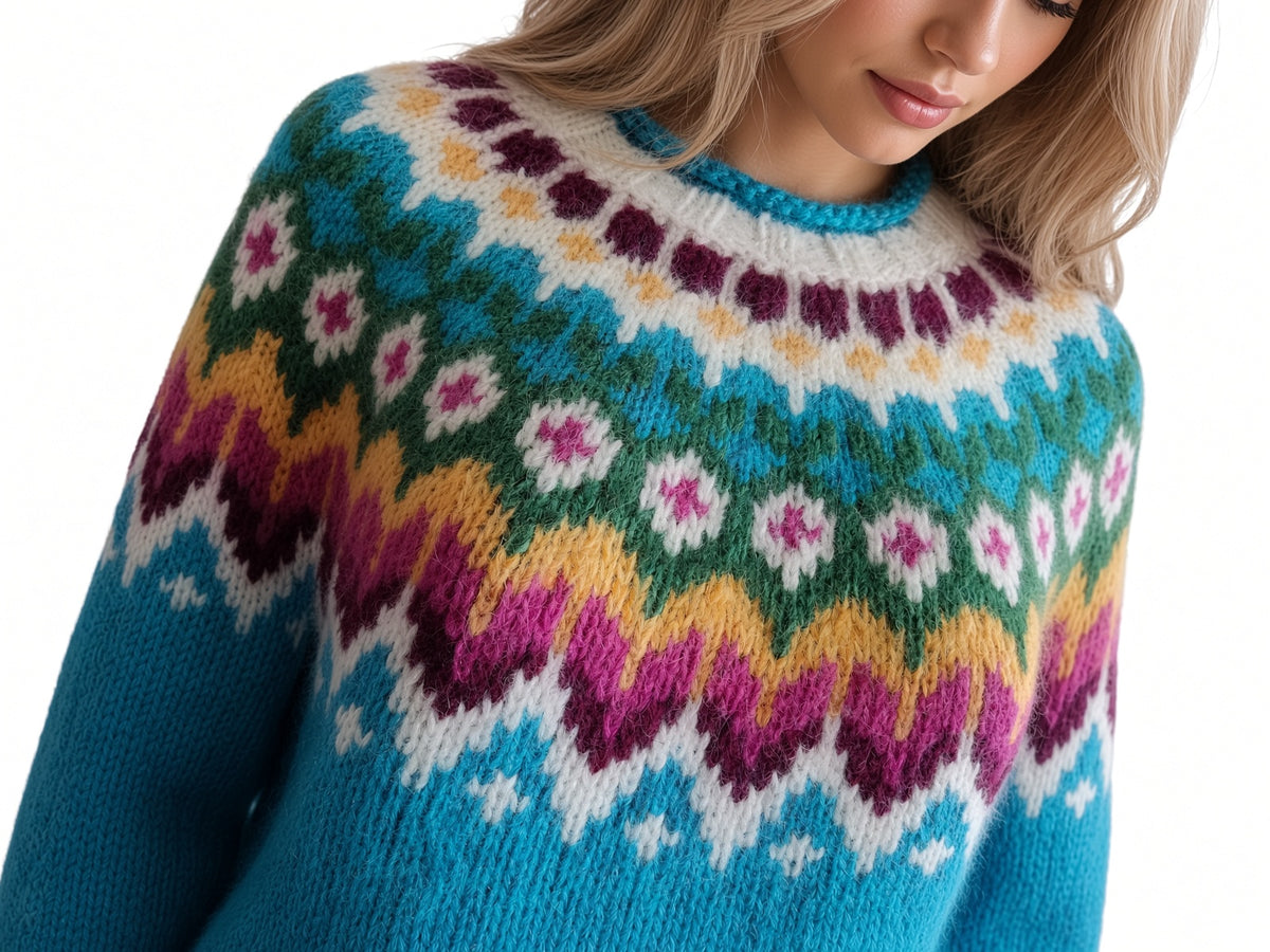 A close-up of a woman wearing a vibrant, multicolored Fair Isle knit sweater. The sweater features a bright turquoise blue base with intricate patterns of purple, yellow, green, and white.