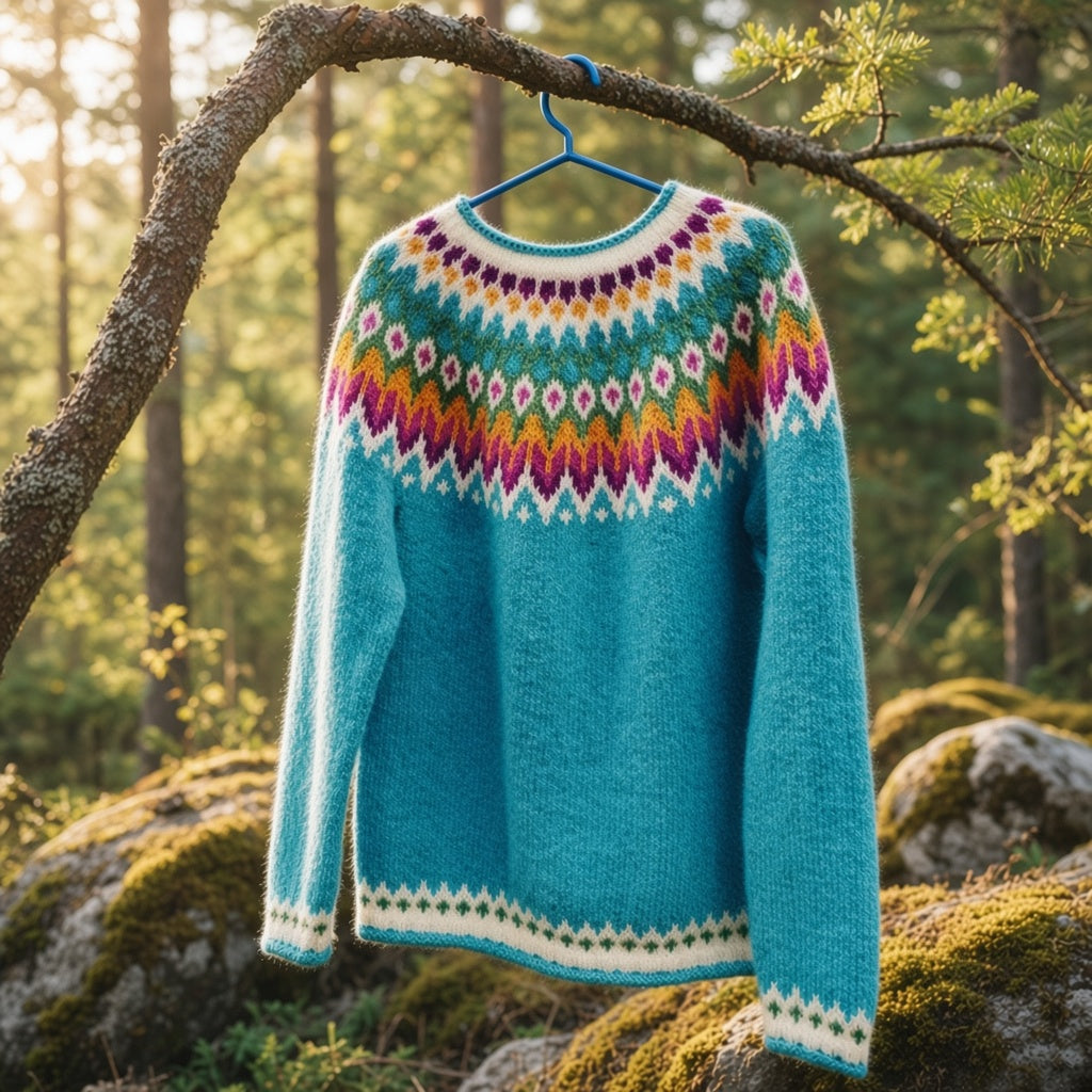 A turquoise knit sweater with a colorful Fair Isle yoke pattern hangs from a blue hanger on a tree branch in a forest setting.