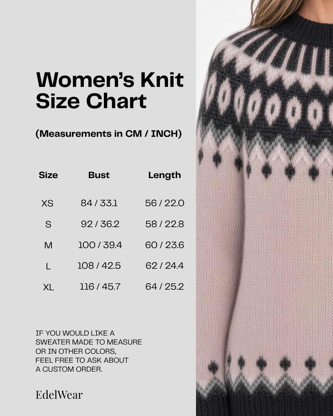 A women's knit sweater size chart graphic from EdelWear, showing a partial model wearing a pink, black, and white Fair Isle knit sweater on the right, with a measurement table on the left listing sizes XS through XL with bust and length measurements.