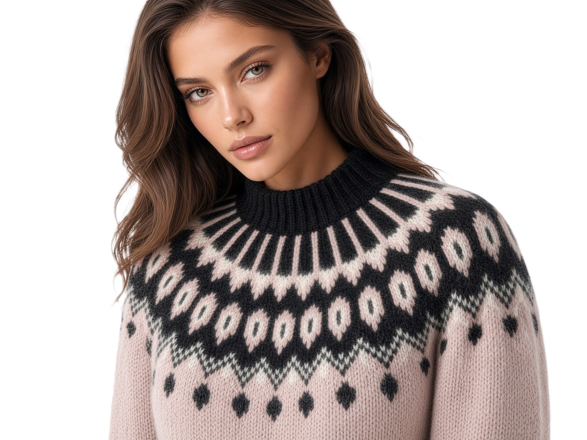 A woman wearing a knit sweater with a Fair Isle pattern in black, cream, and light pink, photographed against a clean white background.