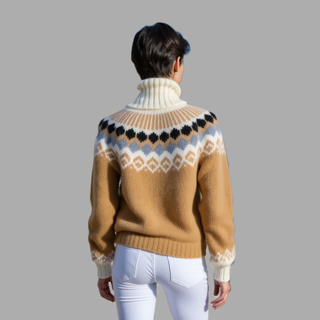Person wearing a brown and white patterned sweater on a gray background