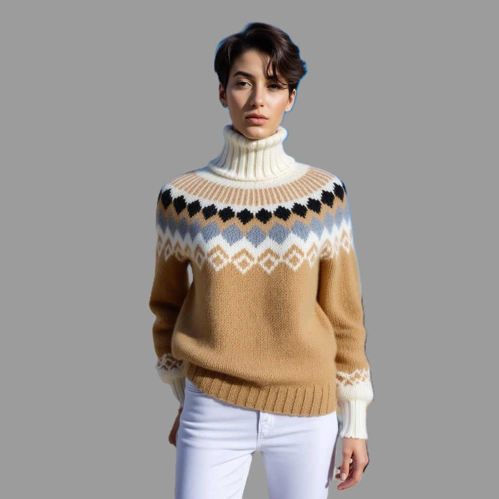 Person wearing a brown and beige patterned sweater with white pants on a gray background