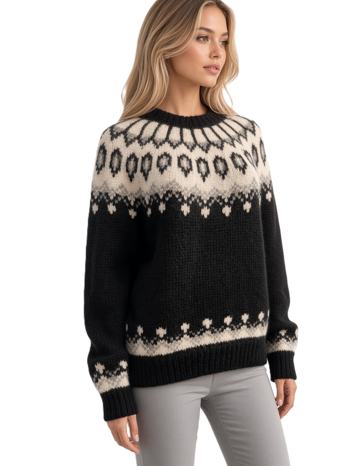 Black Oversized Fair Isle Sweater Lopapeysa Unisex, Hand Knitted Alpaca Merino Scandinavian Patterned Yoke - EdelWear