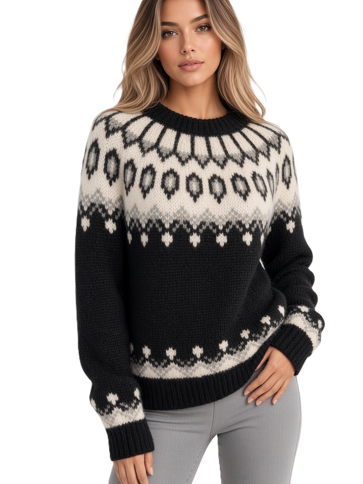 Black Oversized Fair Isle Sweater Lopapeysa Unisex, Hand Knitted Alpaca Merino Scandinavian Patterned Yoke - EdelWear