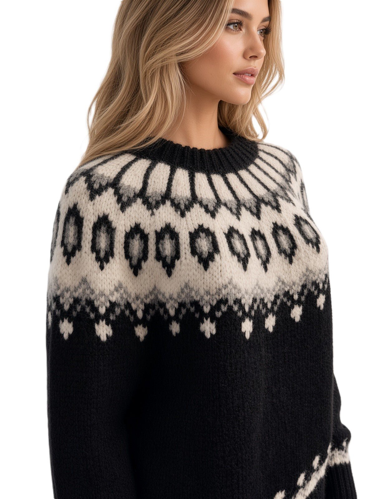 Black Oversized Fair Isle Sweater Lopapeysa Unisex, Hand Knitted Alpaca Merino Scandinavian Patterned Yoke - EdelWear