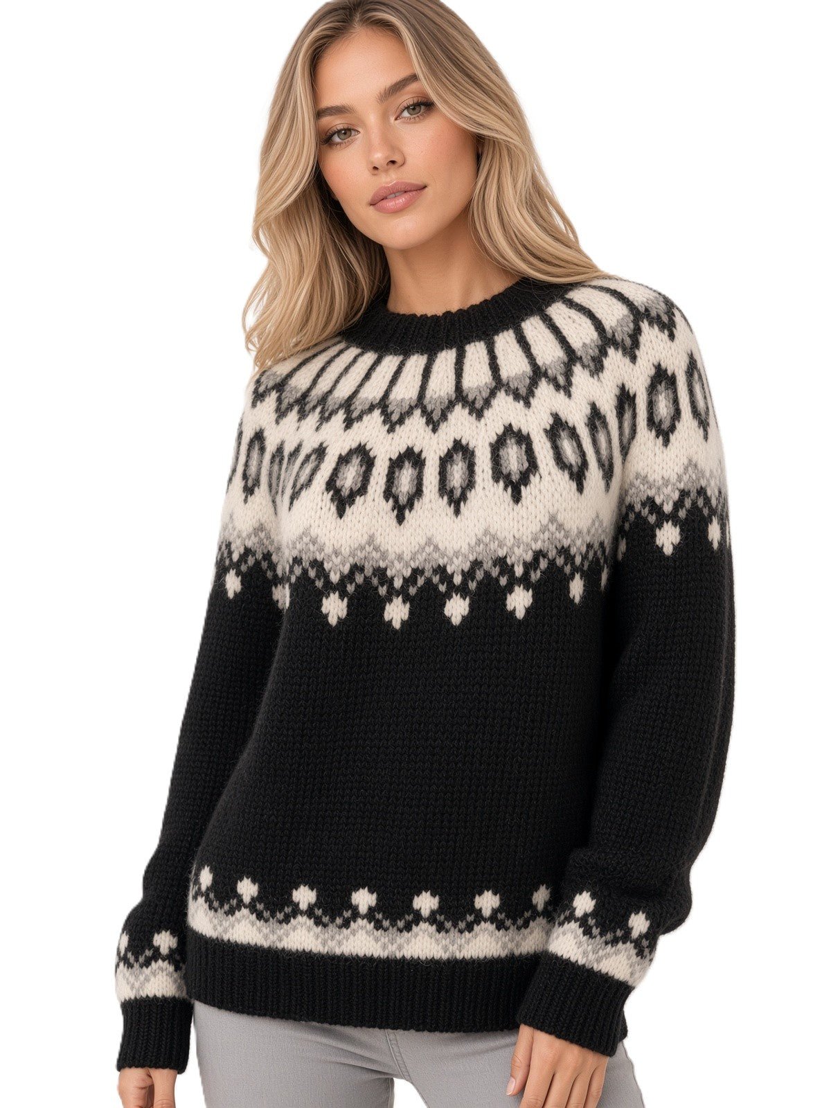 Black Oversized Fair Isle Sweater Lopapeysa Unisex, Hand Knitted Alpaca Merino Scandinavian Patterned Yoke - EdelWear