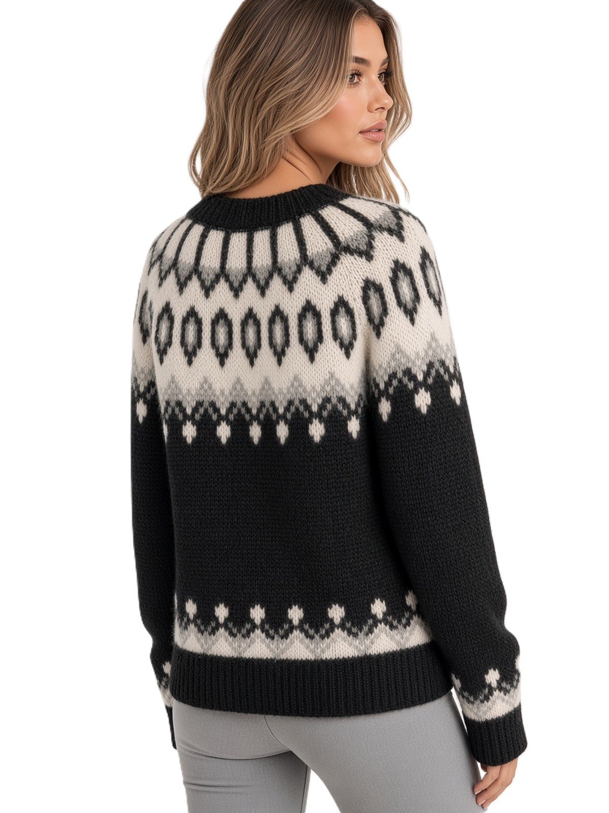 Black Oversized Fair Isle Sweater Lopapeysa Unisex, Hand Knitted Alpaca Merino Scandinavian Patterned Yoke - EdelWear