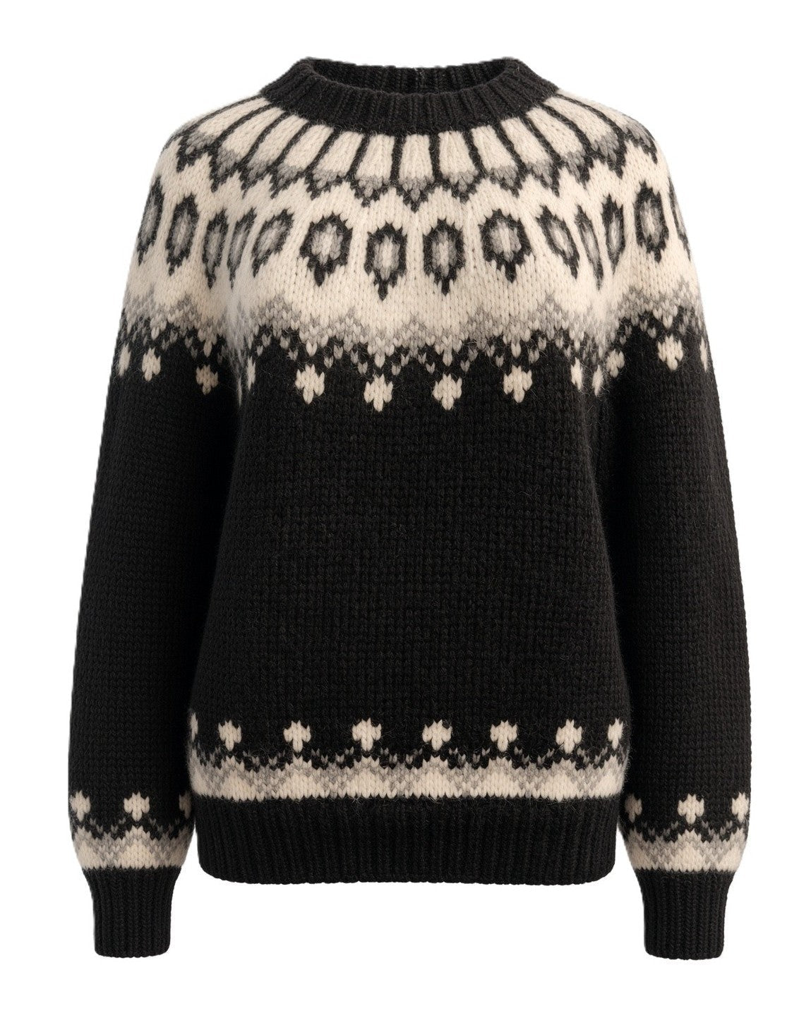 Black Oversized Fair Isle Sweater Lopapeysa Unisex, Hand Knitted Alpaca Merino Scandinavian Patterned Yoke - EdelWear