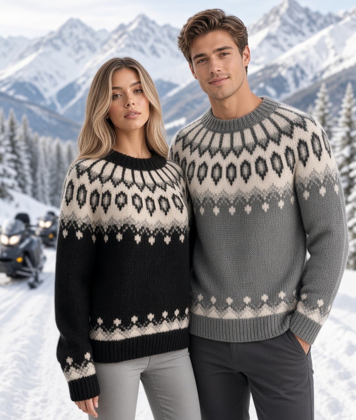 Black Oversized Fair Isle Sweater Lopapeysa Unisex, Hand Knitted Alpaca Merino Scandinavian Patterned Yoke - EdelWear