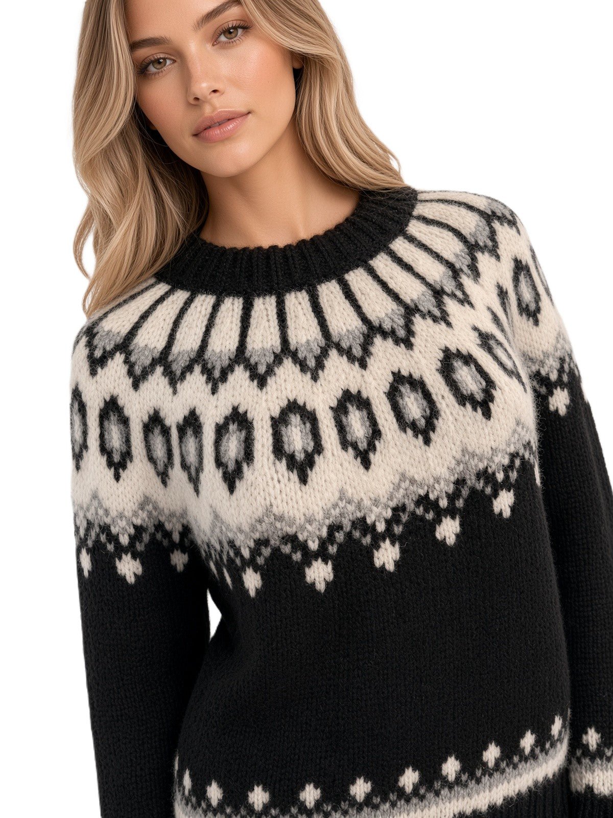 Black Oversized Fair Isle Sweater Lopapeysa Unisex, Hand Knitted Alpaca Merino Scandinavian Patterned Yoke - EdelWear