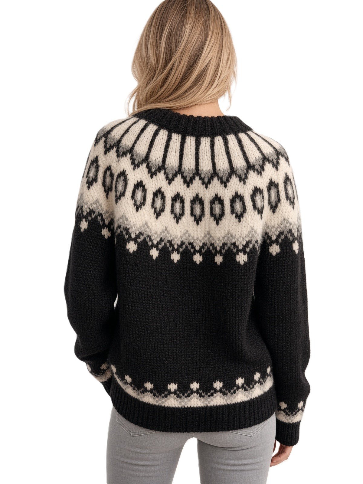 Black Oversized Fair Isle Sweater Lopapeysa Unisex, Hand Knitted Alpaca Merino Scandinavian Patterned Yoke - EdelWear