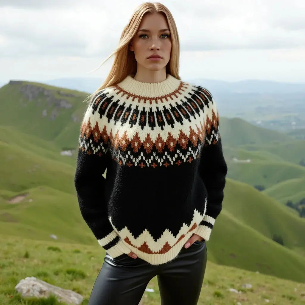 Black Oversized Unisex Icelandic Lopapeysa Sweater Fair Isle with Nordic White Patterned Yoke Hand Knitted of Baby Alpaca & Merino Wool Blend - EdelWear