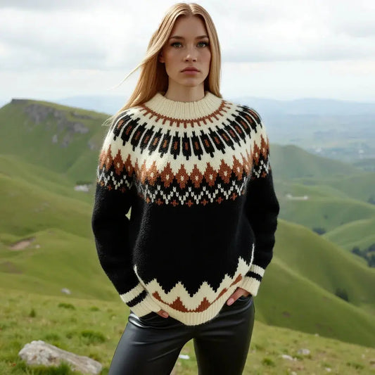 Black Oversized Unisex Icelandic Lopapeysa Sweater Fair Isle with Nordic White Patterned Yoke Hand Knitted of Baby Alpaca & Merino Wool Blend - EdelWear