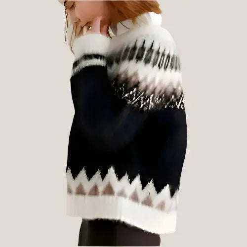 Black Oversized Unisex Icelandic Lopapeysa Sweater Fair Isle with Nordic White Patterned Yoke Hand Knitted of Baby Alpaca & Merino Wool Blend - EdelWear