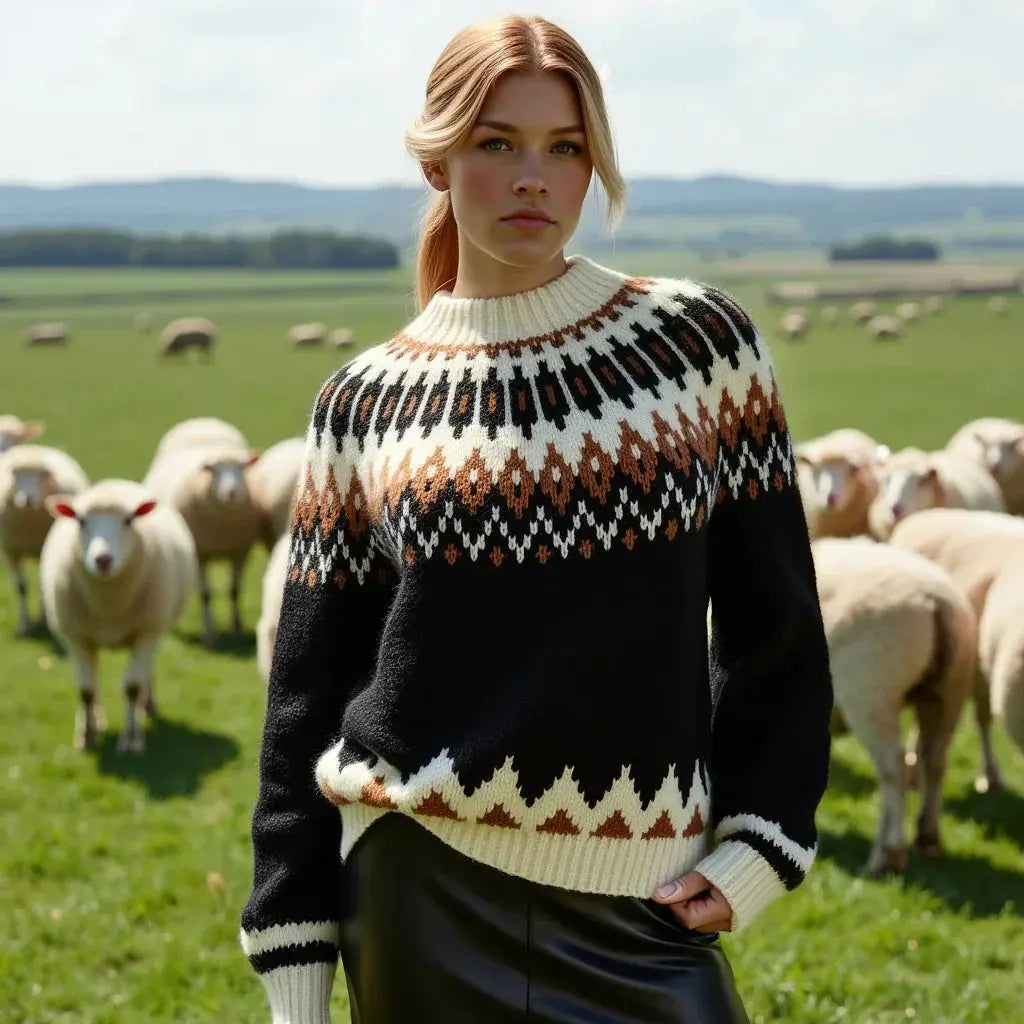 Black Oversized Unisex Icelandic Lopapeysa Sweater Fair Isle with Nordic White Patterned Yoke Hand Knitted of Baby Alpaca & Merino Wool Blend - EdelWear