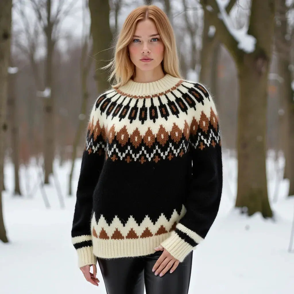 Black Oversized Unisex Icelandic Lopapeysa Sweater Fair Isle with Nordic White Patterned Yoke Hand Knitted of Baby Alpaca & Merino Wool Blend - EdelWear