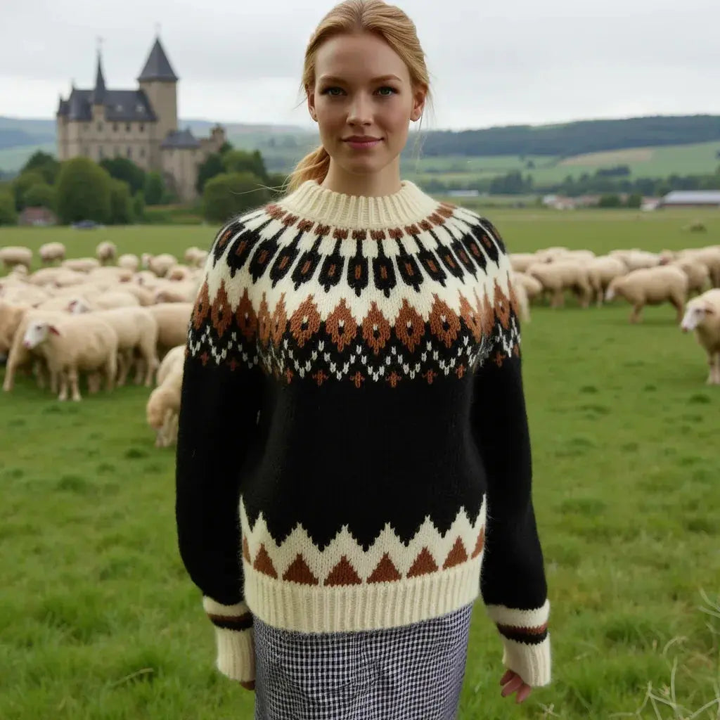 Black Oversized Unisex Icelandic Lopapeysa Sweater Fair Isle with Nordic White Patterned Yoke Hand Knitted of Baby Alpaca & Merino Wool Blend - EdelWear