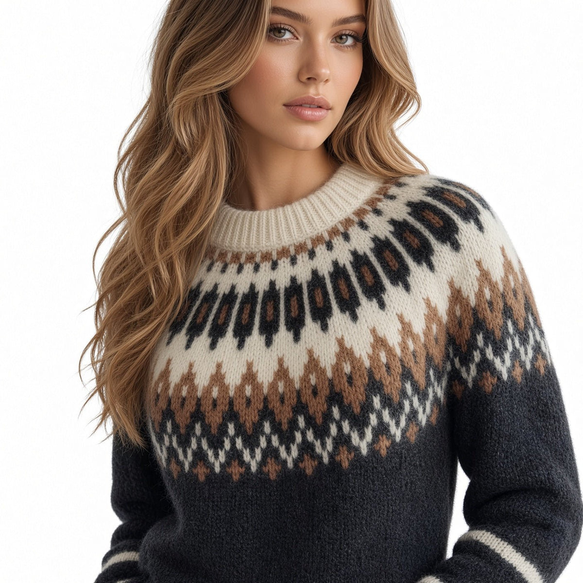Black Oversized Unisex Sweater Fair Isle Lopapeysa, Nordic White Patterned Yoke Hand Knitted of Baby Alpaca Merino Wool Blend - EdelWear