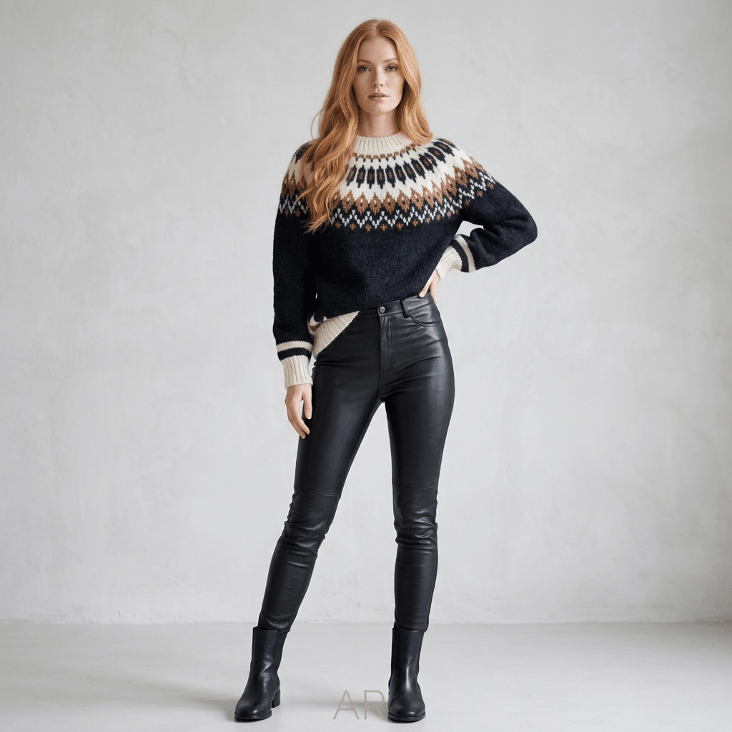 Black Oversized Unisex Sweater Fair Isle Lopapeysa, Nordic White Patterned Yoke Hand Knitted of Baby Alpaca Merino Wool Blend - EdelWear