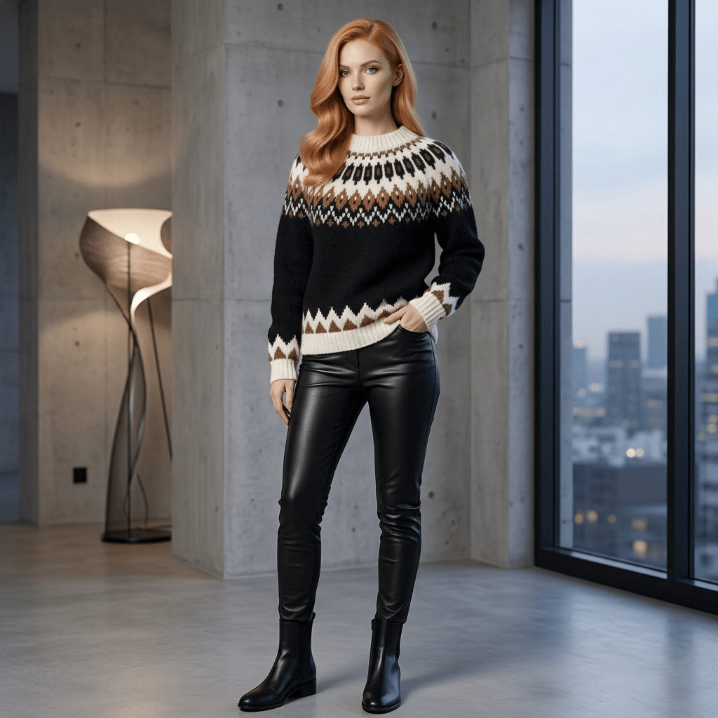 Black Oversized Unisex Sweater Fair Isle Lopapeysa, Nordic White Patterned Yoke Hand Knitted of Baby Alpaca Merino Wool Blend - EdelWear