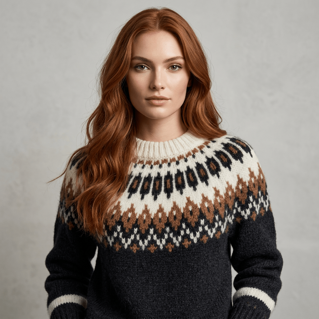 Black Oversized Unisex Sweater Fair Isle Lopapeysa, Nordic White Patterned Yoke Hand Knitted of Baby Alpaca Merino Wool Blend - EdelWear