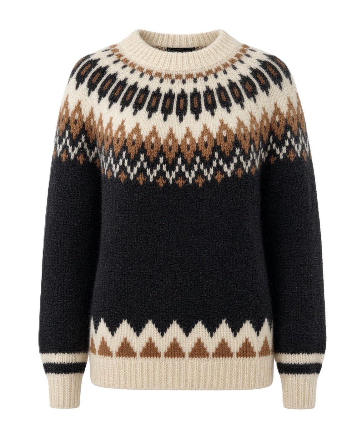 Black Oversized Unisex Sweater Fair Isle Lopapeysa, Nordic White Patterned Yoke Hand Knitted of Baby Alpaca Merino Wool Blend - EdelWear