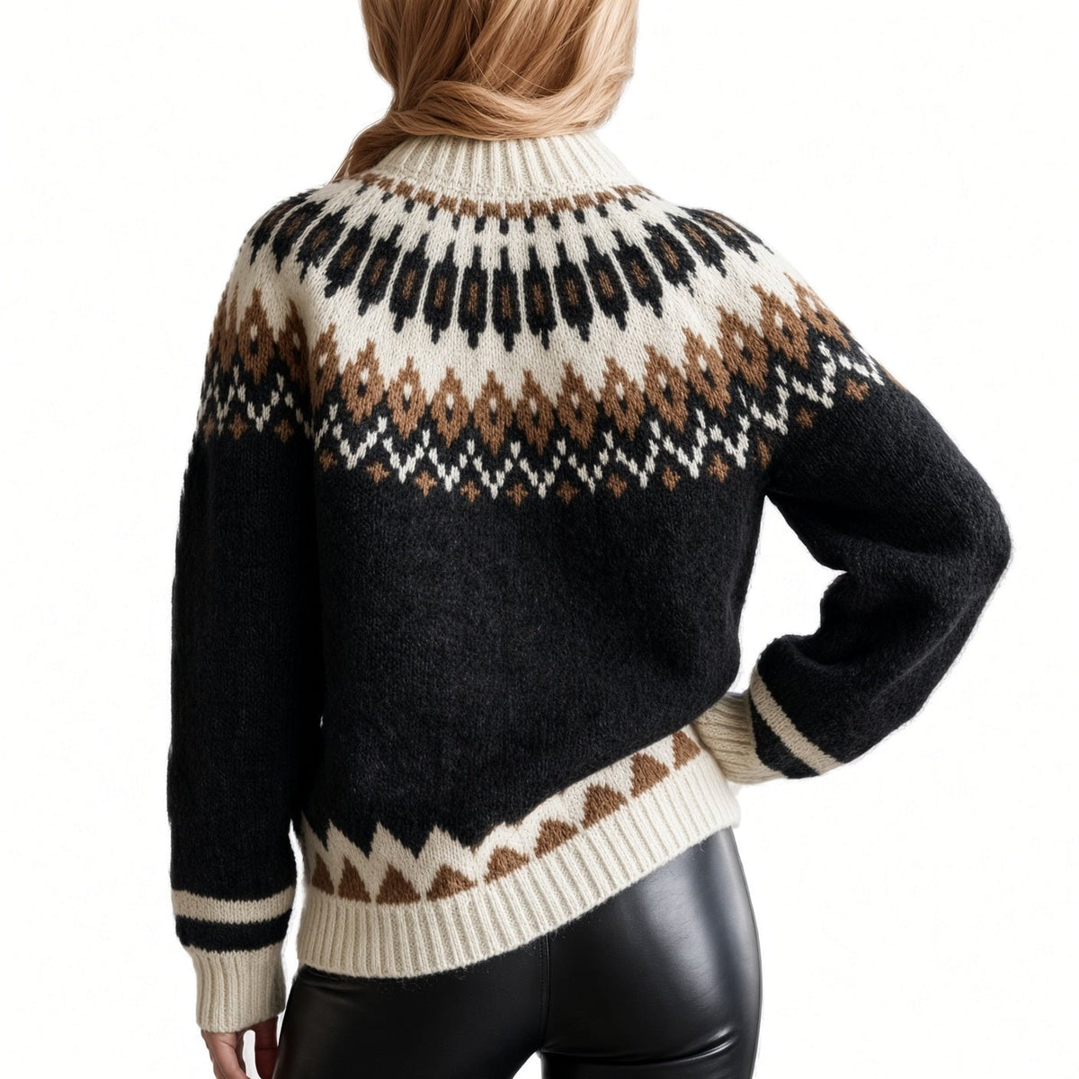 Black Oversized Unisex Sweater Fair Isle Lopapeysa, Nordic White Patterned Yoke Hand Knitted of Baby Alpaca Merino Wool Blend - EdelWear