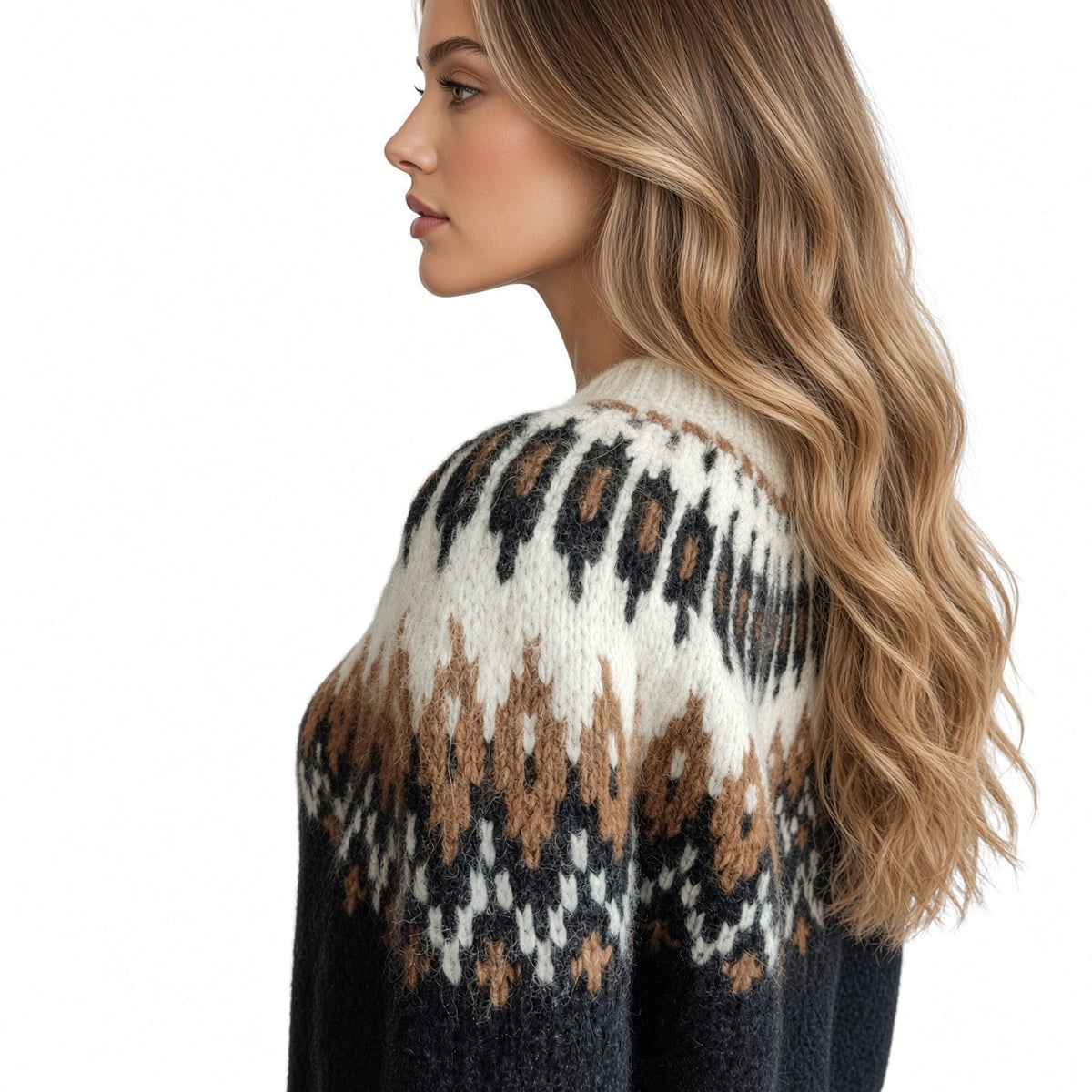 Black Oversized Unisex Sweater Fair Isle Lopapeysa, Nordic White Patterned Yoke Hand Knitted of Baby Alpaca Merino Wool Blend - EdelWear