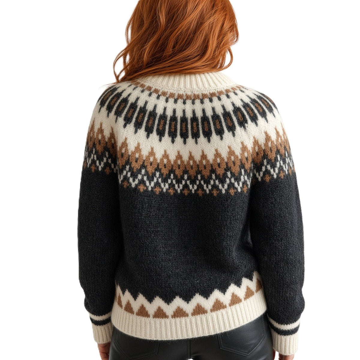 Black Oversized Unisex Sweater Fair Isle Lopapeysa with Nordic White Patterned Yoke Hand Knitted of Baby Alpaca & Merino Wool Blend - EdelWear