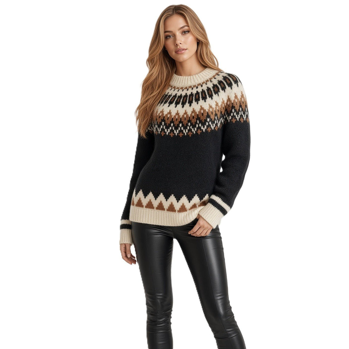 Black Oversized Unisex Sweater Fair Isle Lopapeysa with Nordic White Patterned Yoke Hand Knitted of Baby Alpaca & Merino Wool Blend - EdelWear