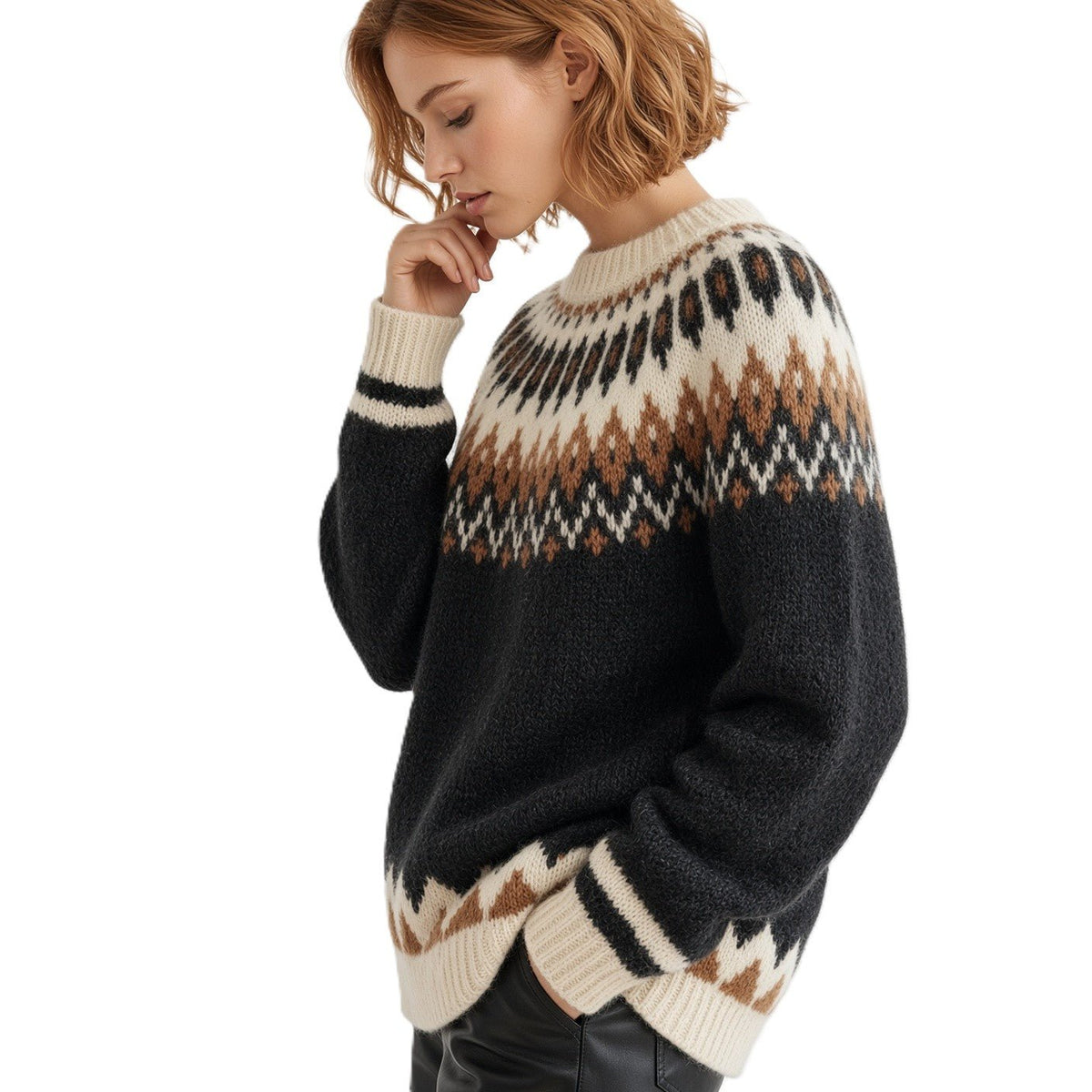 Black Oversized Unisex Sweater Fair Isle Lopapeysa with Nordic White Patterned Yoke Hand Knitted of Baby Alpaca & Merino Wool Blend - EdelWear