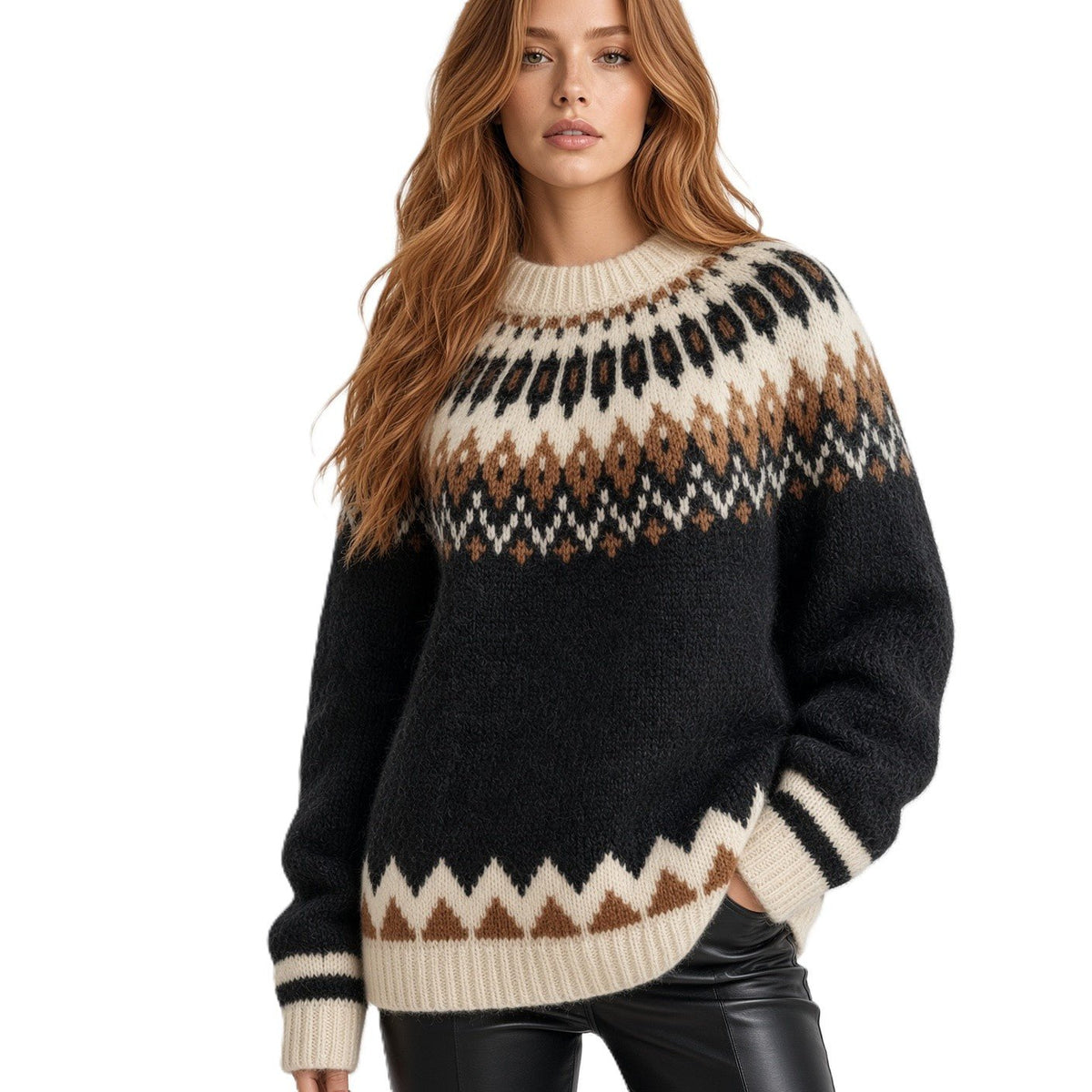 Black Oversized Unisex Sweater Fair Isle Lopapeysa with Nordic White Patterned Yoke Hand Knitted of Baby Alpaca & Merino Wool Blend - EdelWear