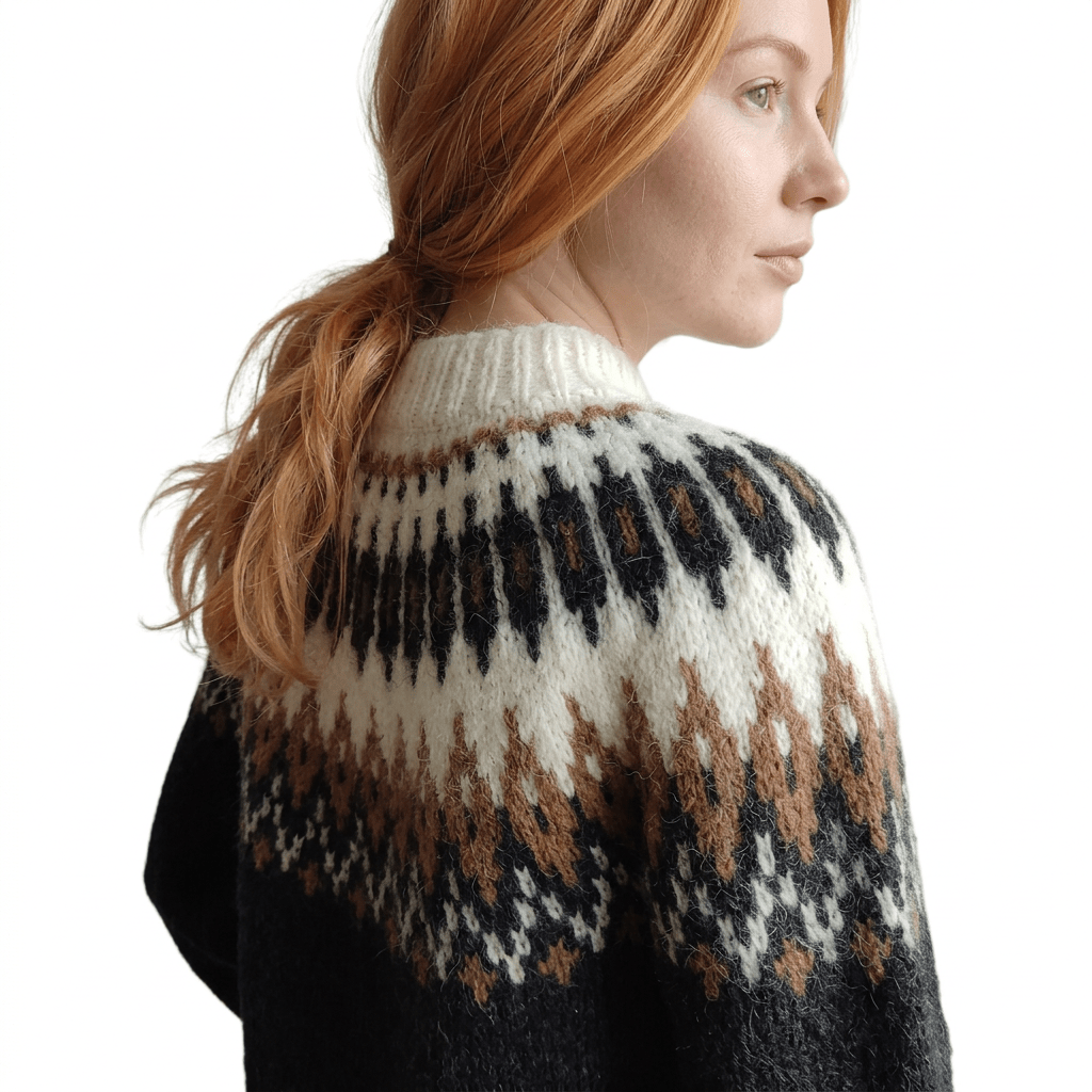 Black Oversized Unisex Sweater Fair Isle Lopapeysa with Nordic White Patterned Yoke Hand Knitted of Baby Alpaca & Merino Wool Blend - EdelWear