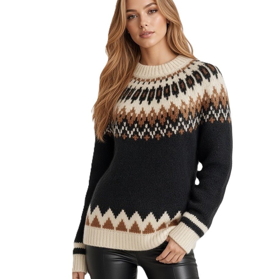 Black Oversized Unisex Sweater Fair Isle Lopapeysa with Nordic White Patterned Yoke Hand Knitted of Baby Alpaca & Merino Wool Blend - EdelWear