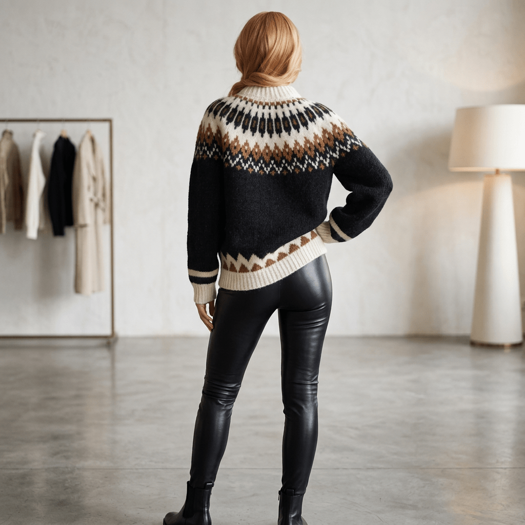Black Oversized Unisex Sweater Fair Isle Lopapeysa with Nordic White Patterned Yoke Hand Knitted of Baby Alpaca & Merino Wool Blend - EdelWear