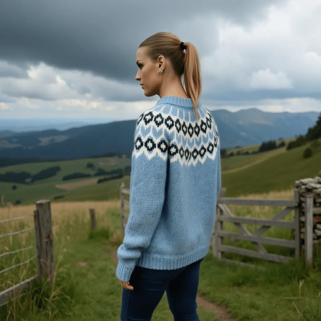 Blue Oversized Adults Unisex Scandinavian Fair Isle Sweater Lopapeysa Hand Knitted with a Nordic Patterned Yoke - EdelWear