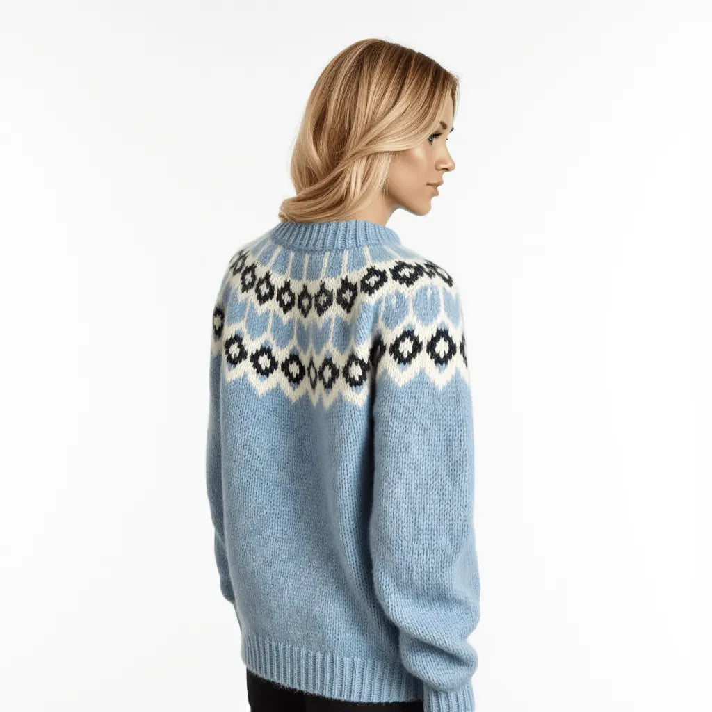Blue Oversized Adults Unisex Scandinavian Fair Isle Sweater Lopapeysa Hand Knitted with a Nordic Patterned Yoke - EdelWear