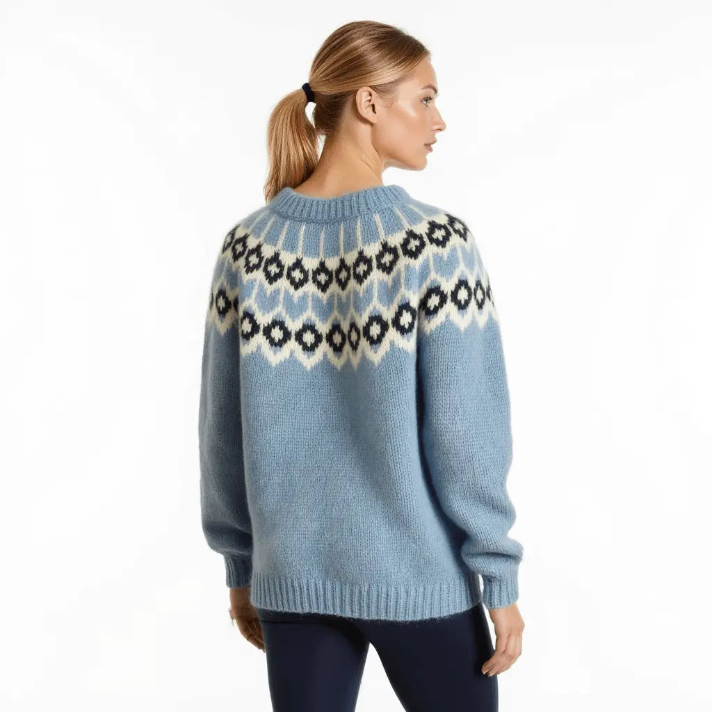 Blue Oversized Adults Unisex Scandinavian Fair Isle Sweater Lopapeysa Hand Knitted with a Nordic Patterned Yoke - EdelWear