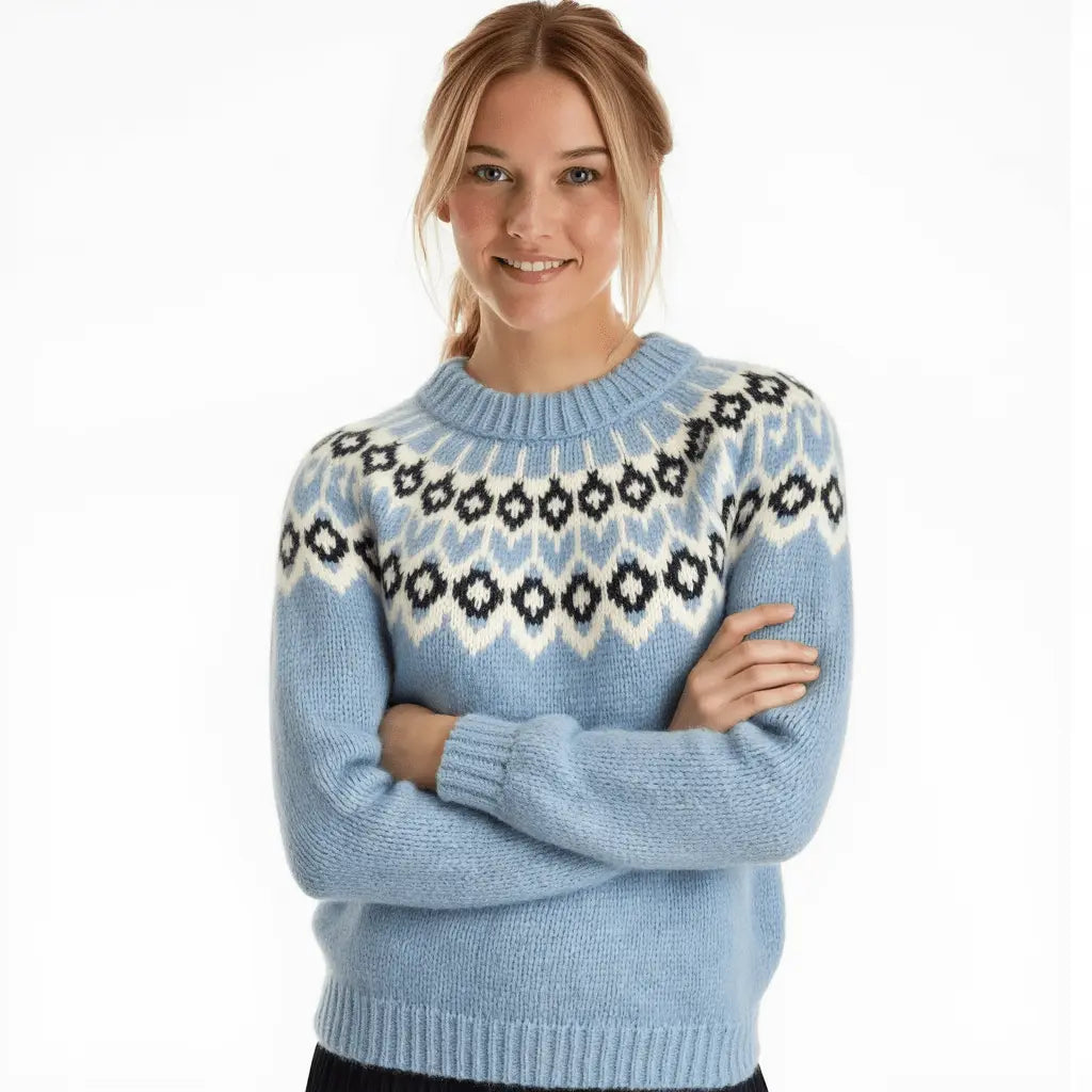 Blue Oversized Adults Unisex Scandinavian Fair Isle Sweater Lopapeysa Hand Knitted with a Nordic Patterned Yoke - EdelWear