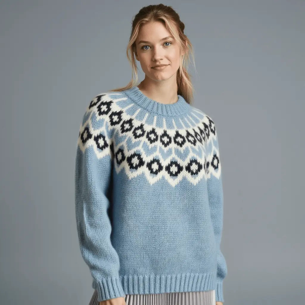 Blue Oversized Adults Unisex Scandinavian Fair Isle Sweater Lopapeysa Hand Knitted with a Nordic Patterned Yoke - EdelWear