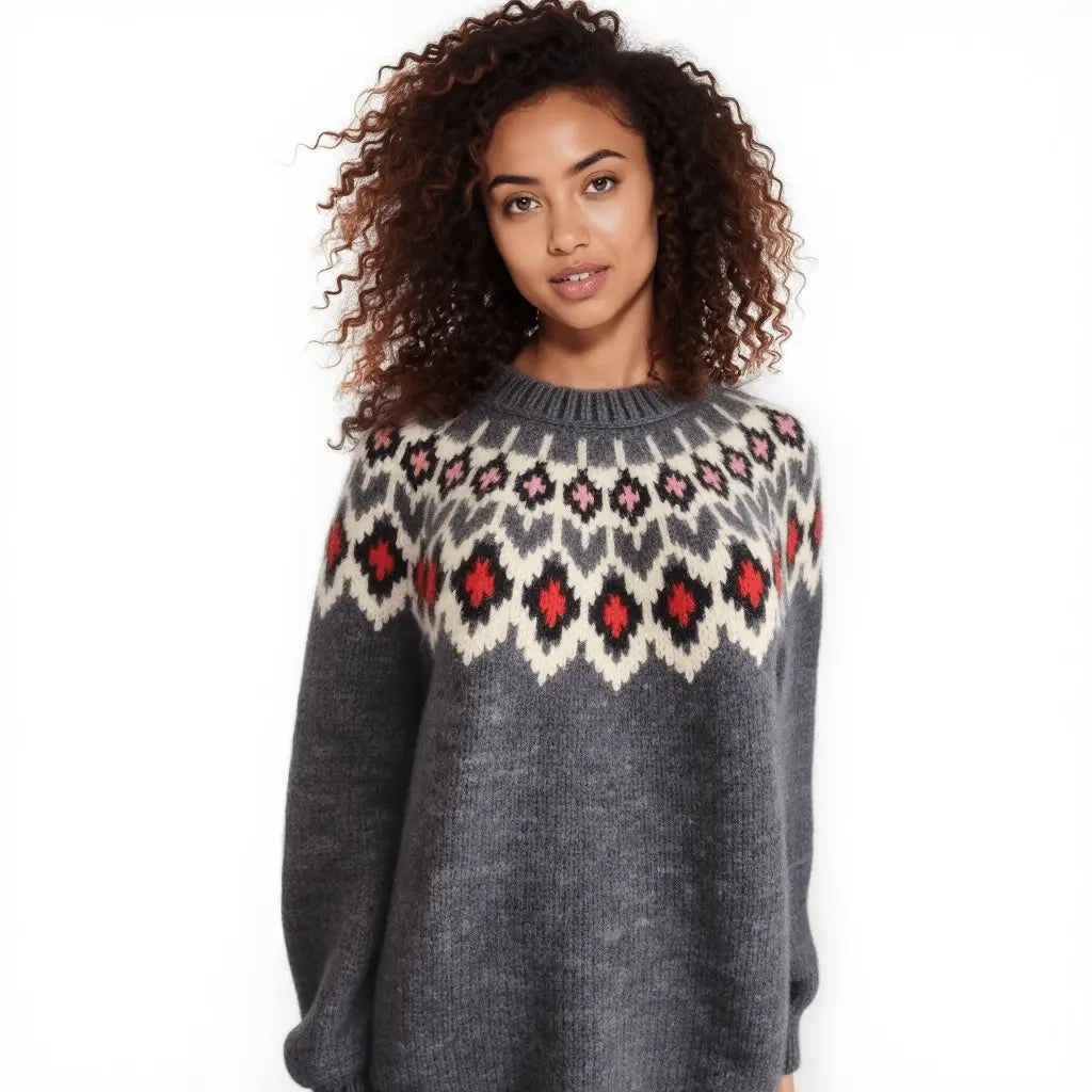 Blue Oversized Adults Unisex Scandinavian Fair Isle Sweater Lopapeysa Hand Knitted with a Nordic Patterned Yoke - EdelWear