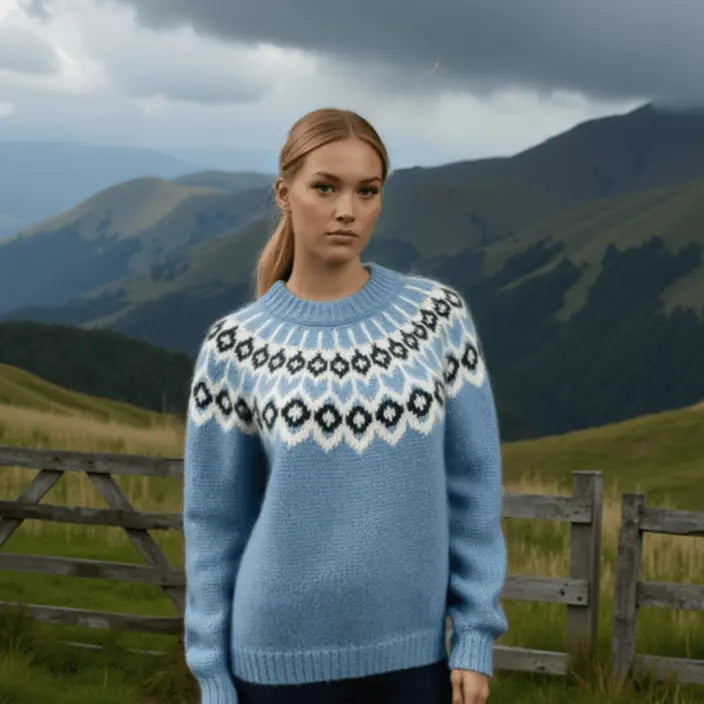 Blue Oversized Adults Unisex Scandinavian Fair Isle Sweater Lopapeysa Hand Knitted with a Nordic Patterned Yoke - EdelWear