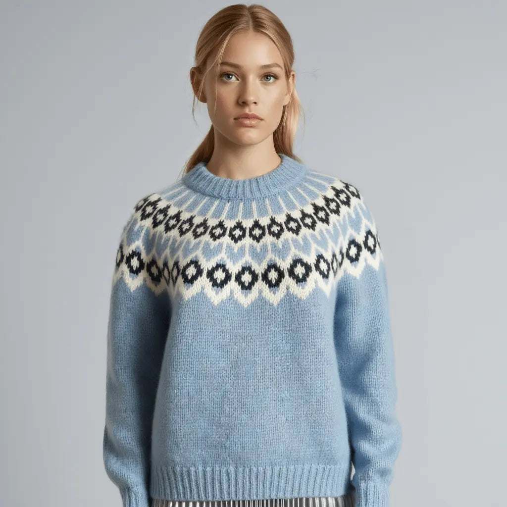 Blue Oversized Adults Unisex Scandinavian Fair Isle Sweater Lopapeysa Hand Knitted with a Nordic Patterned Yoke - EdelWear