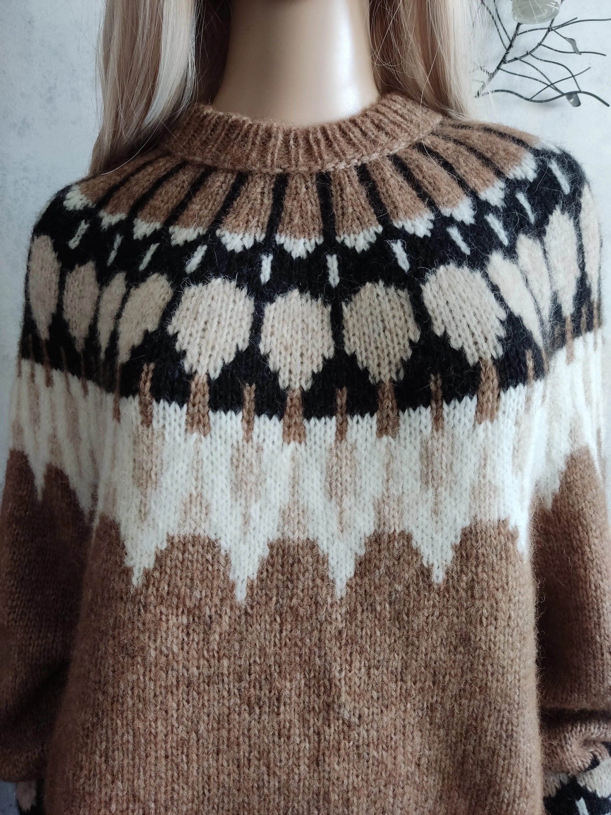 Brown Cappuccino Womens Scandinavian Sweater Lopapeysa Fair Isle Hand Knitted with a Nordic Black & White Patterned Yoke - EdelWear