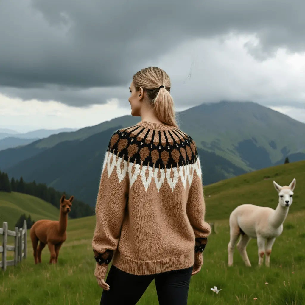 Beige Womens Scandinavian Sweater Lopapeysa Fair Isle Hand Knitted with a Nordic Black & White Patterned Yoke - EdelWear