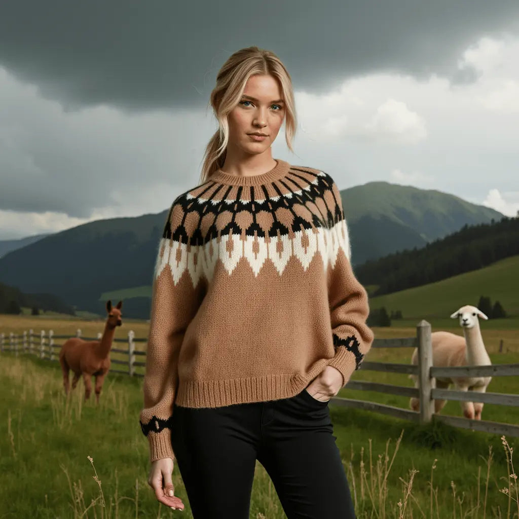 Beige Womens Scandinavian Sweater Lopapeysa Fair Isle Hand Knitted with a Nordic Black & White Patterned Yoke - EdelWear